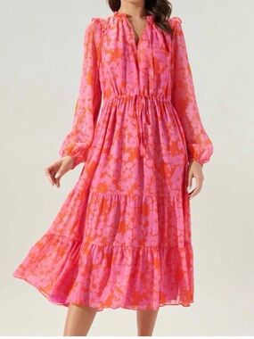 Sugarlips Carolina Realper Pink & Orange Floral Tiered Long-Sleeve Midi Dress